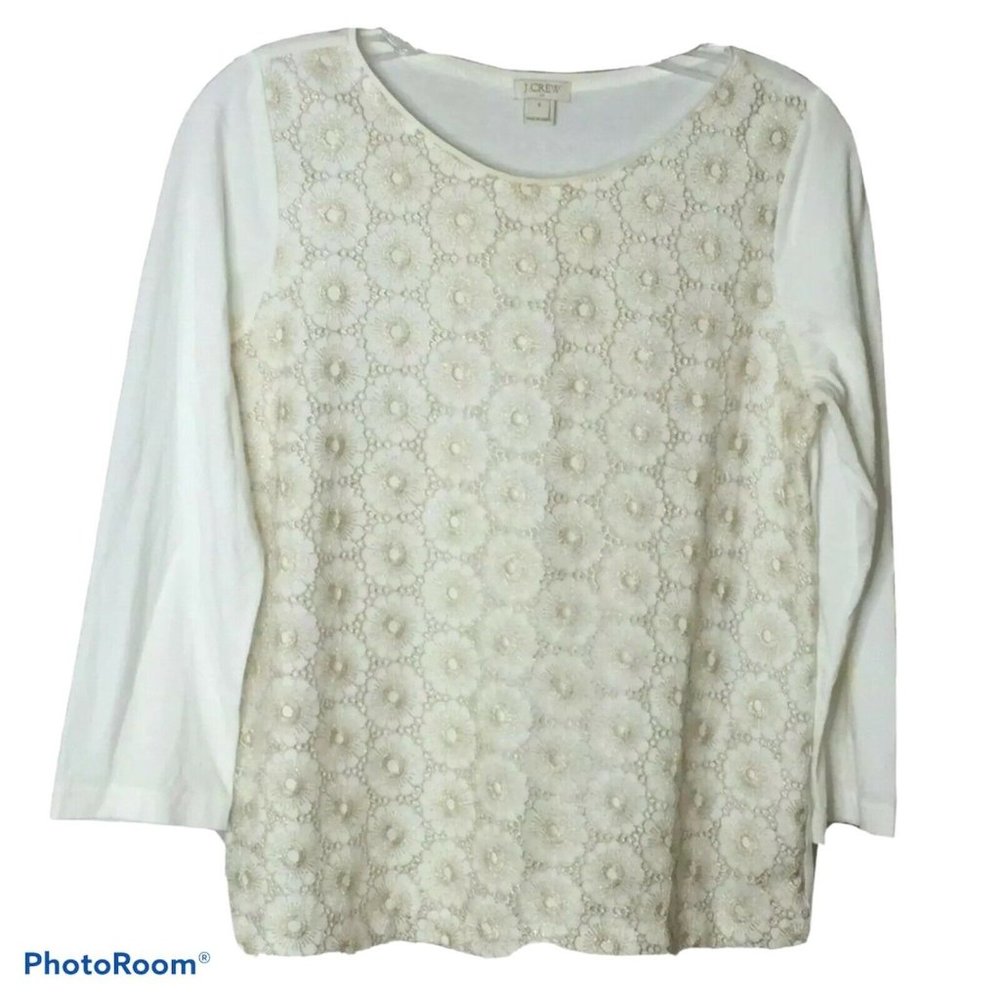 J.Crew E4280 Women's Blouse Long Sleeve Top White Lace Floral Crew Neck Cotton S